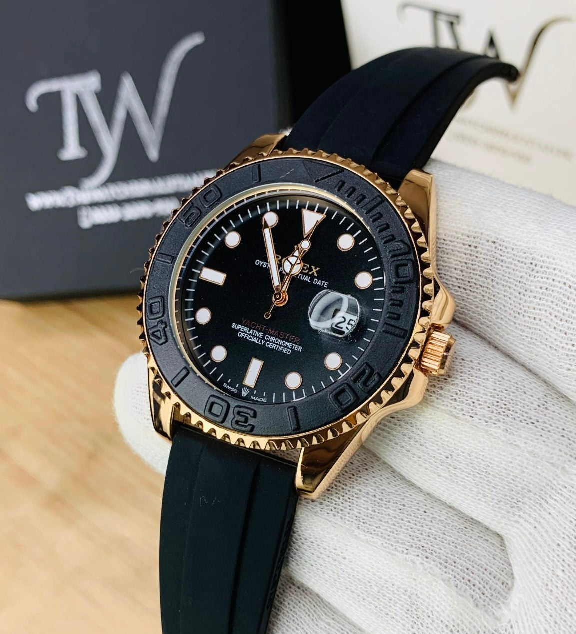 Limited Edition Black Rolex Oyster Perpetual Yacht Master Rubber Watch| Date Adjust | Steel Bezzel Working