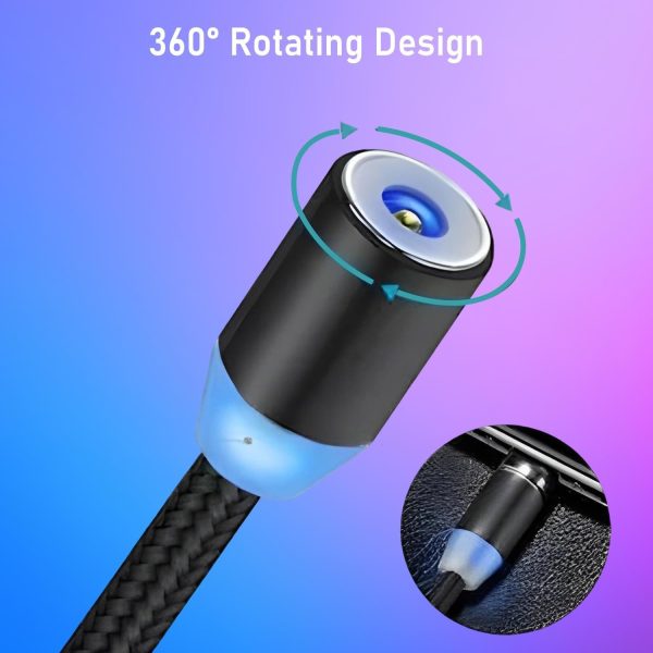 3-in-1 Magnetic Fast Charging Cable | Micro Usb, Type-c & Iphone | 360° Rotation | Led | 3a | Nylon Braided | Magnetic Charging Cables For Android & Ios | Charging Cable For Mobile Phone