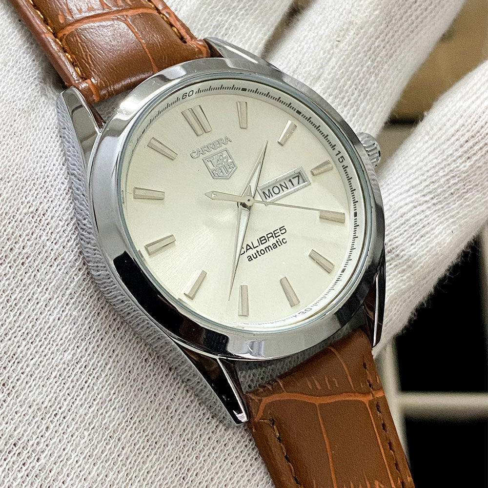 Premium Leather Tagheur Carrera Calibre 5 – Day And Date Both Working- Best Quality Analog Watch For Men