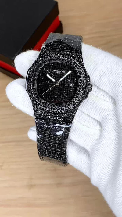 Patek Phillipe Black Stone / Blacked Iced Out Stain-less Steel Chain Watch For Mens Fashion
