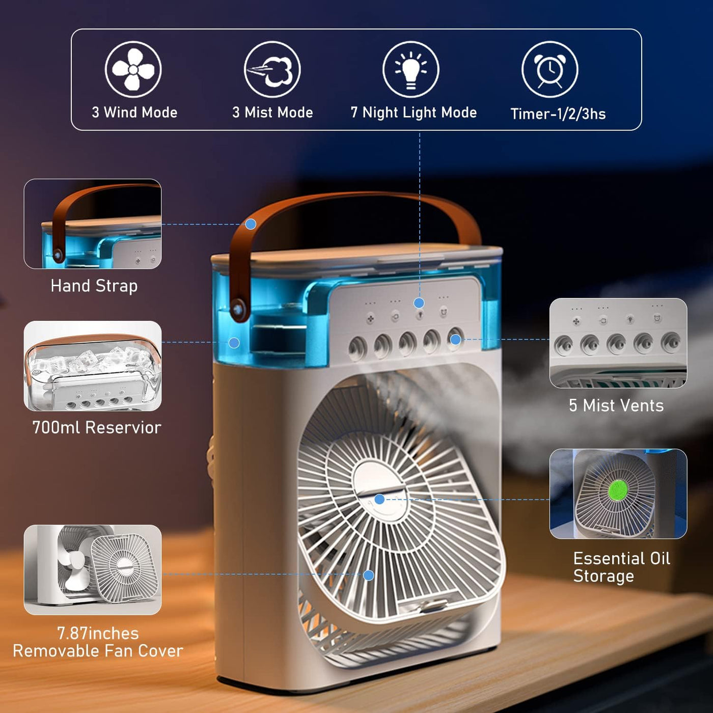 MINI Mist Portable AC Fan With Led Night Light, | Humidifier Function