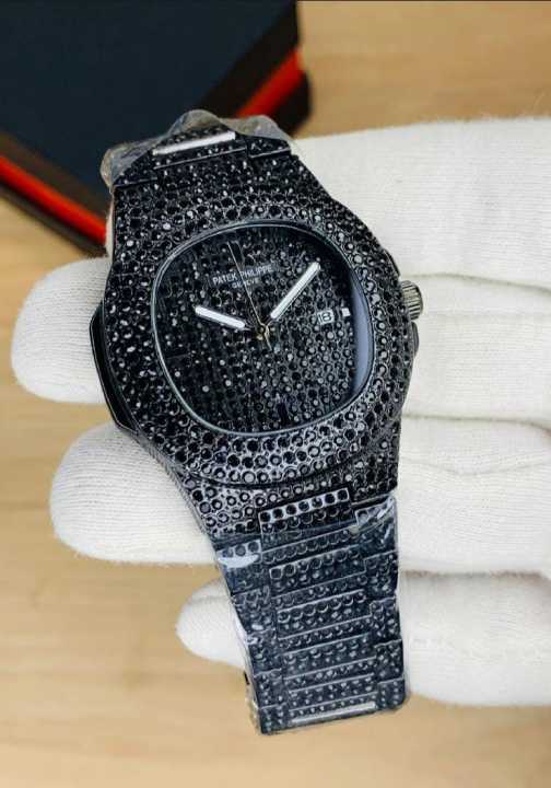Patek Phillipe Black Stone / Blacked Iced Out Stain-less Steel Chain Watch For Mens Fashion