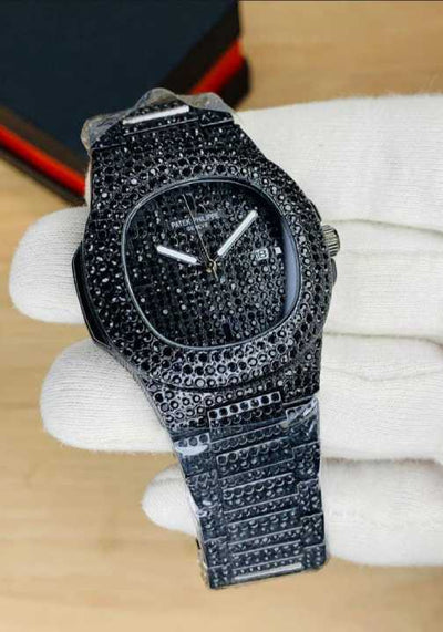 Patek Phillipe Black Stone / Blacked Iced Out Stain-less Steel Chain Watch For Mens Fashion