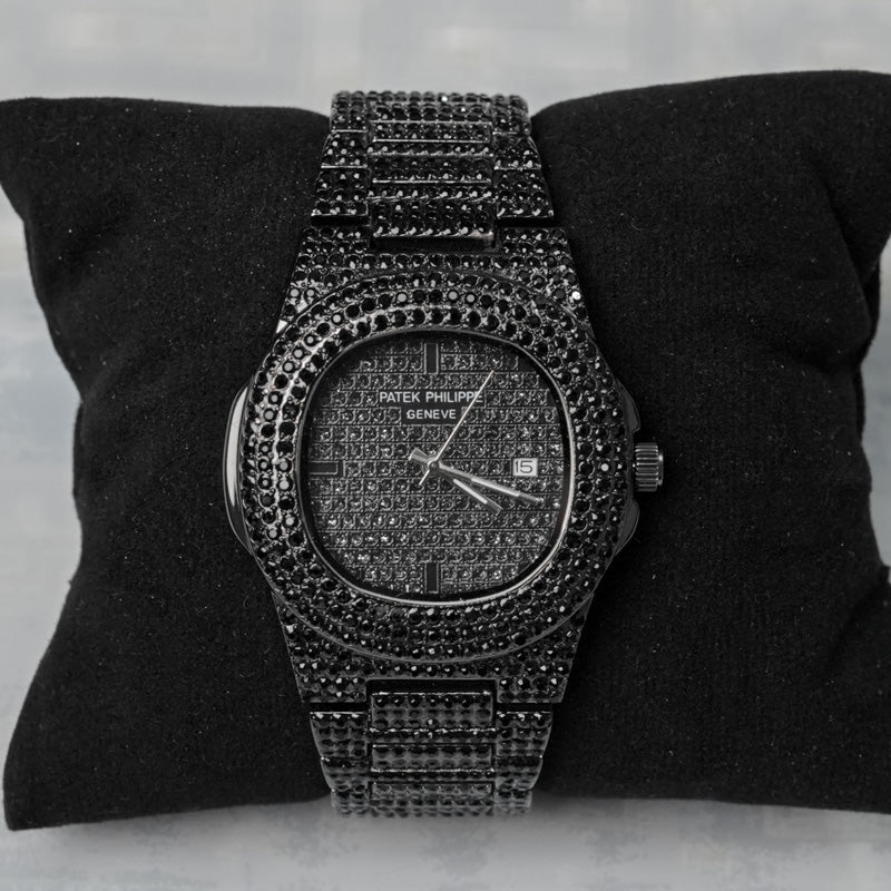 Patek Phillipe Black Stone / Blacked Iced Out Stain-less Steel Chain Watch For Mens Fashion