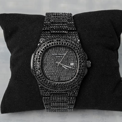 Patek Phillipe Black Stone / Blacked Iced Out Stain-less Steel Chain Watch For Mens Fashion