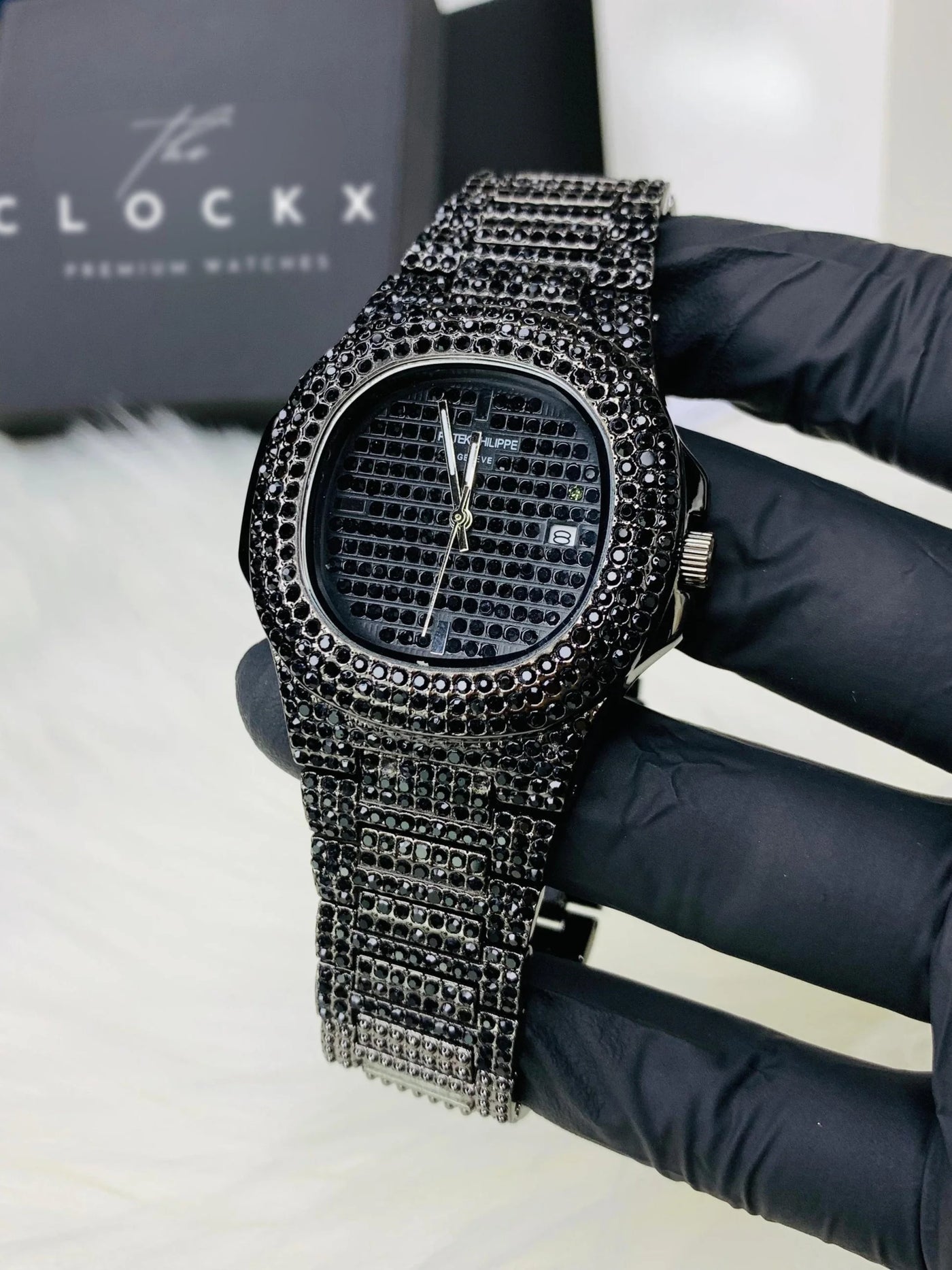 Patek Phillipe Black Stone / Blacked Iced Out Stain-less Steel Chain Watch For Mens Fashion