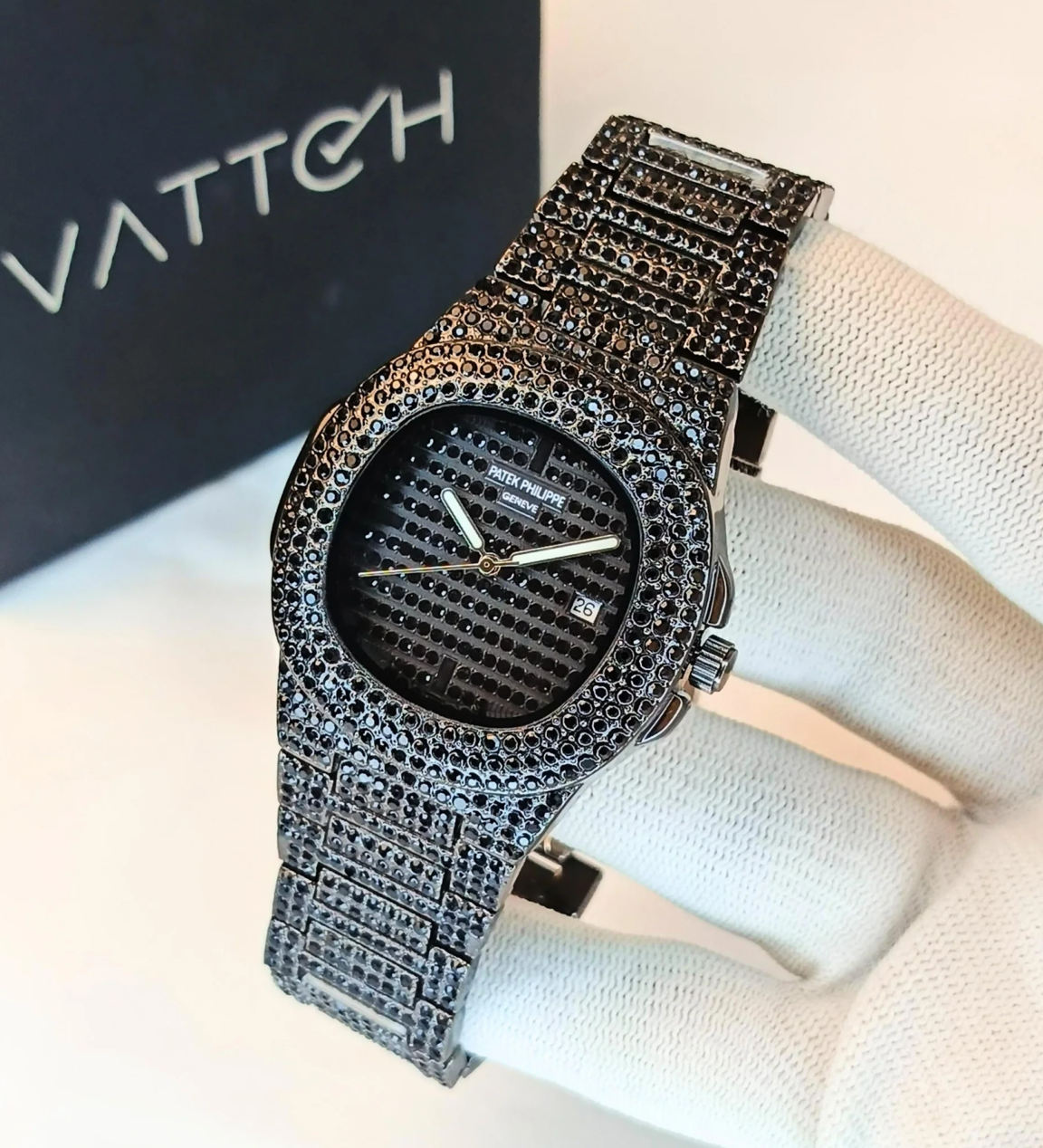 Patek Phillipe Black Stone / Blacked Iced Out Stain-less Steel Chain Watch For Mens Fashion