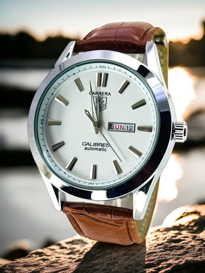 Premium Leather Tagheur Carrera Calibre 5 – Day And Date Both Working- Best Quality Analog Watch For Men