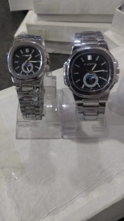 (2in1) Curren Stainless Steel Couple Watch Set With Moonphase Design – Black Dial