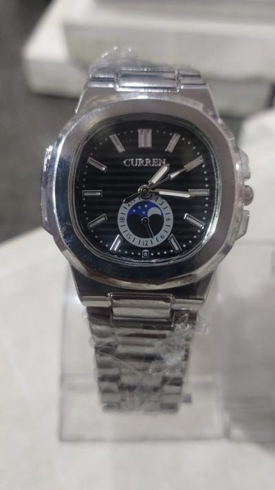 (2in1) Curren Stainless Steel Couple Watch Set With Moonphase Design – Black Dial