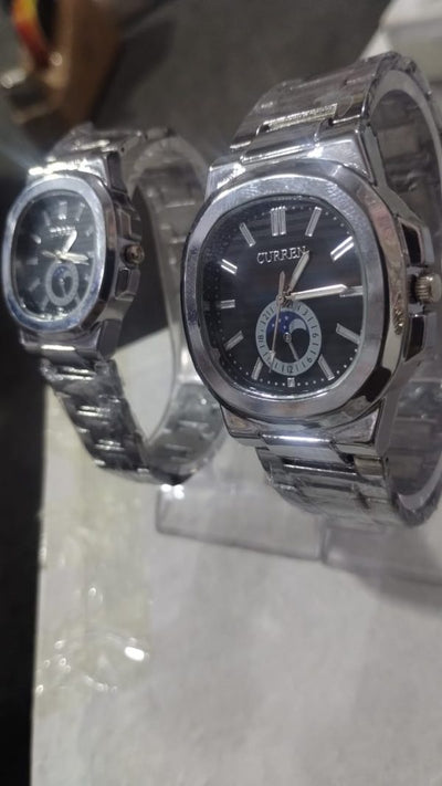 (2in1) Curren Stainless Steel Couple Watch Set With Moonphase Design – Black Dial