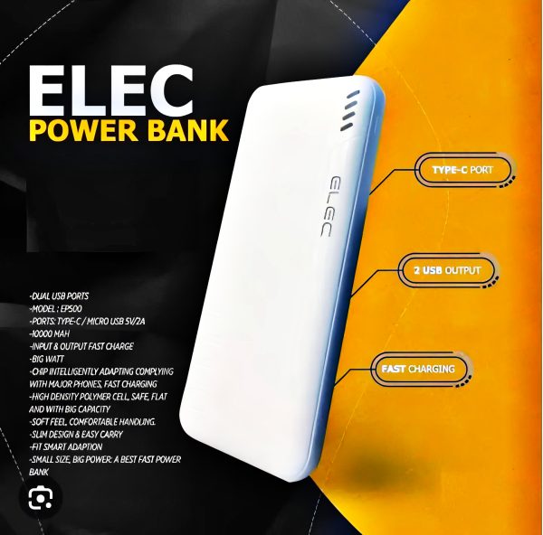 Elec 10,000mah Fast Charging Power Bank – White | Dual Type-a & Type-c Output | With Box ₨1,302