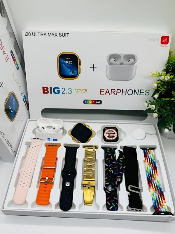 I20 Ultra Max Smart Watch + Free Earpods | 7 Plain Colour Straps | 10in1 Set | 2.3Inch Big LED Display | Black/Silver/Golden DIal And Chain Colours