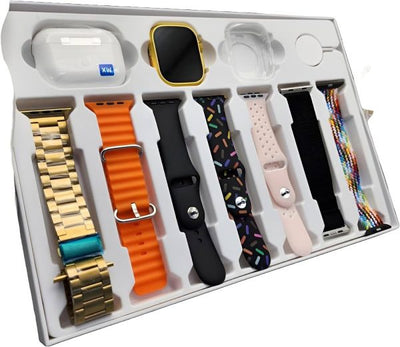 I20 Ultra Max Smart Watch + Free Earpods | 7 Plain Colour Straps | 10in1 Set | 2.3Inch Big LED Display | Black/Silver/Golden DIal And Chain Colours