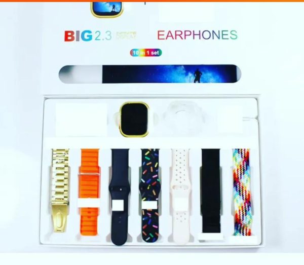 I20 Ultra Max Smart Watch + Free Earpods | 7 Plain Colour Straps | 10in1 Set | 2.3Inch Big LED Display | Black/Silver/Golden DIal And Chain Colours