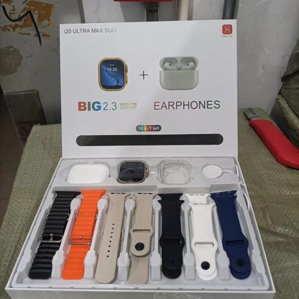 I20 Ultra Max Smart Watch + Free Earpods | 7 Plain Colour Straps | 10in1 Set | 2.3Inch Big LED Display | Black/Silver/Golden DIal And Chain Colours