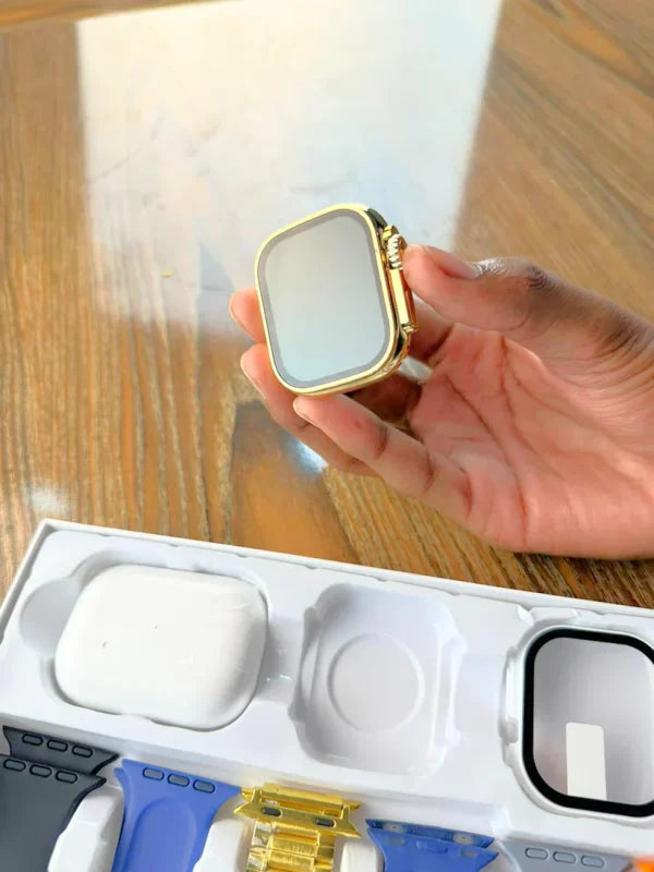 I20 Ultra Max Smart Watch + Free Earpods | 7 Plain Colour Straps | 10in1 Set | 2.3Inch Big LED Display | Black/Silver/Golden DIal And Chain Colours