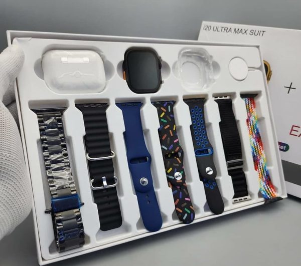 I20 Ultra Max Smart Watch + Free Earpods | 7 Plain Colour Straps | 10in1 Set | 2.3Inch Big LED Display | Black/Silver/Golden DIal And Chain Colours
