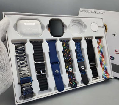 I20 Ultra Max Smart Watch + Free Earpods | 7 Plain Colour Straps | 10in1 Set | 2.3Inch Big LED Display | Black/Silver/Golden DIal And Chain Colours