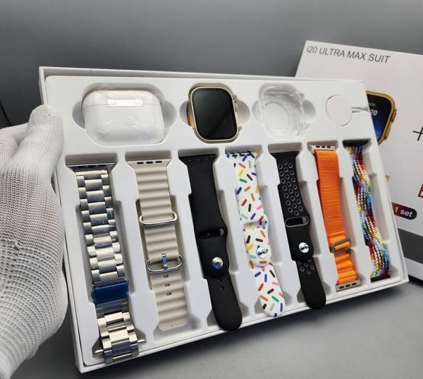 I20 Ultra Max Smart Watch + Free Earpods | 7 Plain Colour Straps | 10in1 Set | 2.3Inch Big LED Display | Black/Silver/Golden DIal And Chain Colours
