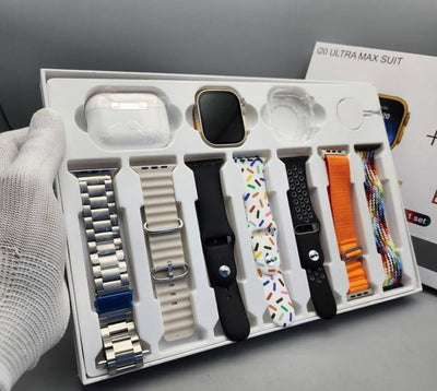 I20 Ultra Max Smart Watch + Free Earpods | 7 Plain Colour Straps | 10in1 Set | 2.3Inch Big LED Display | Black/Silver/Golden DIal And Chain Colours