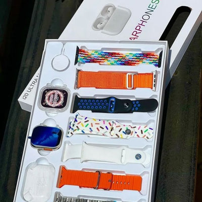 I20 Ultra Max Smart Watch + Free Earpods | 7 Plain Colour Straps | 10in1 Set | 2.3Inch Big LED Display | Black/Silver/Golden DIal And Chain Colours