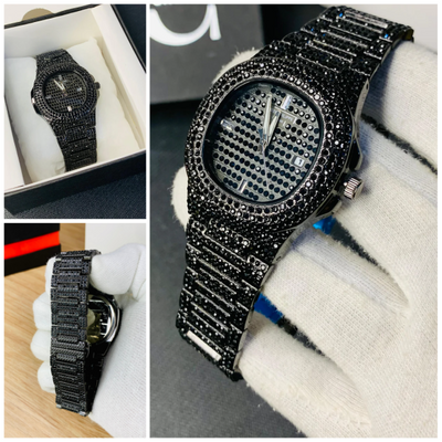 Patek Phillipe Black Stone / Blacked Iced Out Stain-less Steel Chain Watch For Mens Fashion